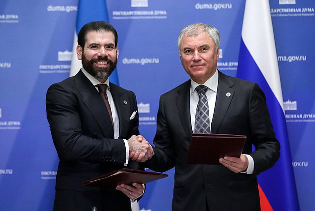 El Jefe de la Duma Estatal, Vyacheslav Volodin, y el Representante Especial del Presidente de la República de Nicaragua para el Desarrollo de las Relaciones con Rusia, Laureano Facundo Ortega Murillo