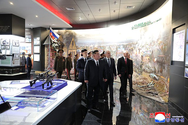 Minister of Defence of the Russian Federation Andrei Belousov, Chairman of the State Duma Vyacheslav Volodin and Chairman of State Affairs of the Democratic People's Republic of Korea Kim Jong-un. Opening ceremony of the Memorial Complex and Museum of the Military Deeds of Heroes of Foreign Military Operation. Photo credit: KCNA