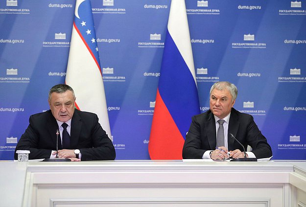 Chairman of the State Duma Vyacheslav Volodin and Speaker of the Legislative Chamber of the Oliy Majlis of Uzbekistan Nurdinjon Ismoilov